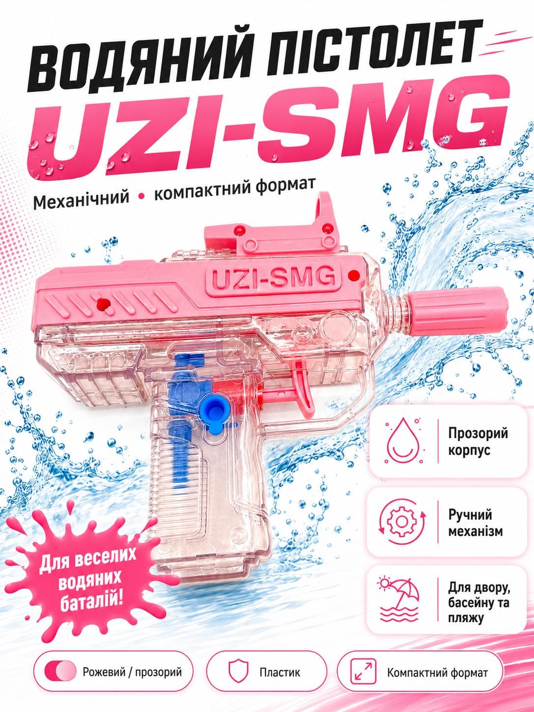 Водяний пістолет бластер автомат Узі UZI-SMG дитяча іграшкова водяна зброя рожевий прозорий (2010097)